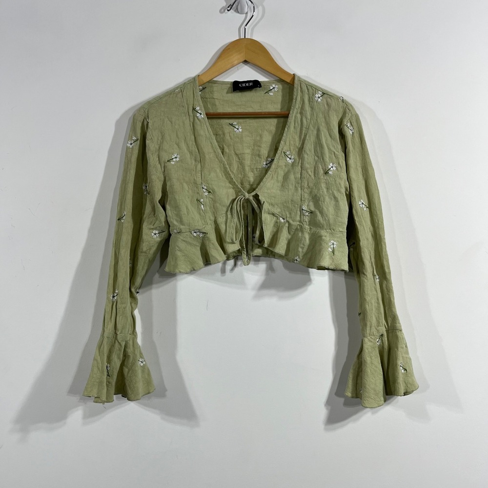 Cider Y2K Whimsigoth Fairy Grunge Floral Embroidered Tie Front Top Bell Sleeve L
